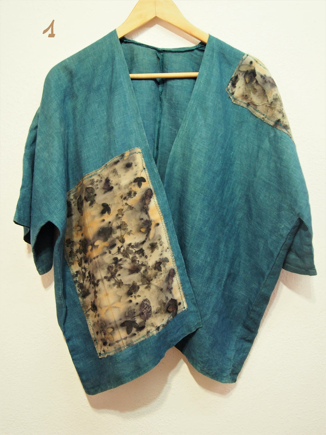 Kimono 100% Lino con Ecoprint, Tintura Naturale